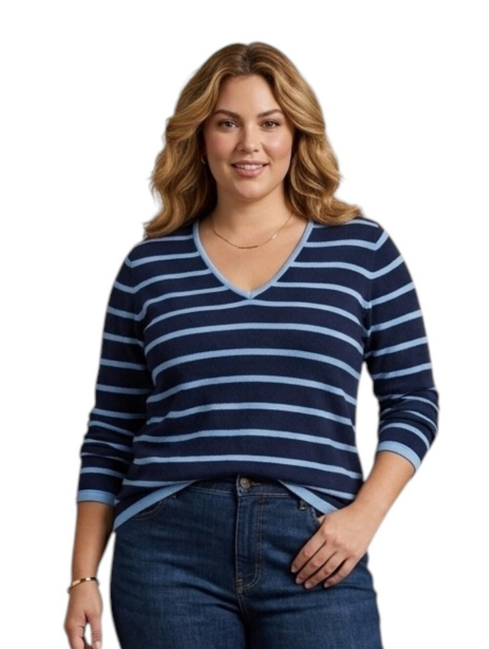 IZOD V-Neck Sweater 1X Blue Striped Long Sleeve